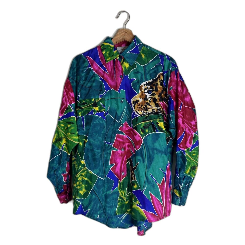 Vtg Adam Douglass Shirt ladies S Multicolor Silk Jaguar Animal Print 90s retro
